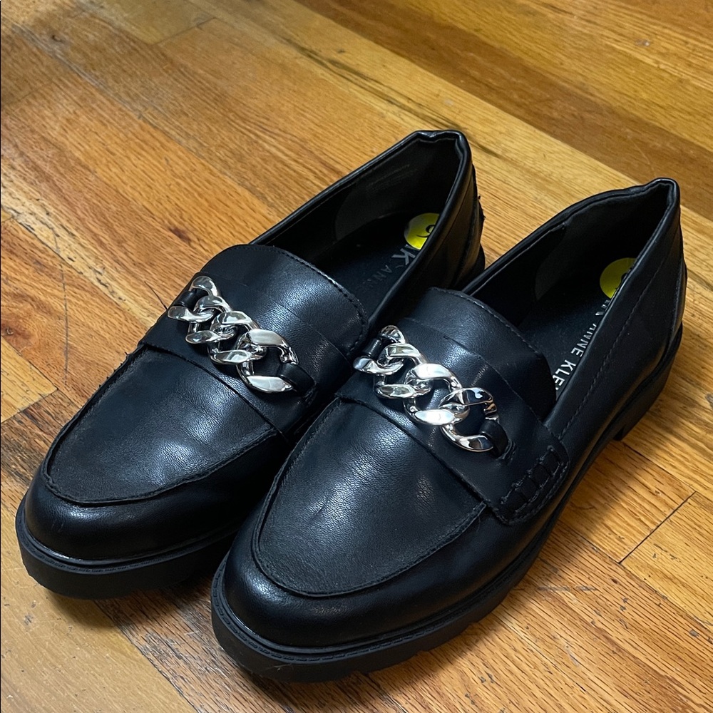 Anne Klein iflex black loafers with silver chunky chain detail